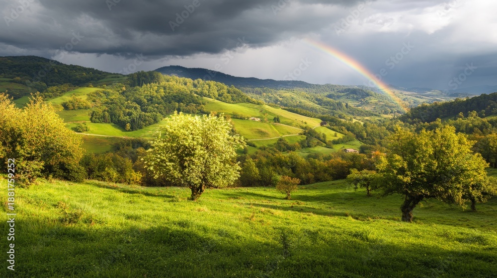 Fototapeta premium Lush green hills are visible under a dramatic sky with dark clouds and a vibrant rainbow, highlighting the beauty of nature in a peaceful countryside scene