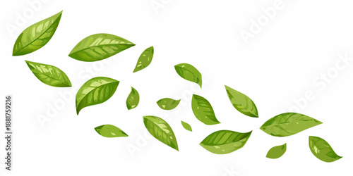 A scattering of vibrant green leaves floating gently across a white background