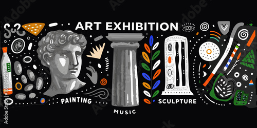 A vibrant art exhibition poster featuring sculpture painting and musical elements