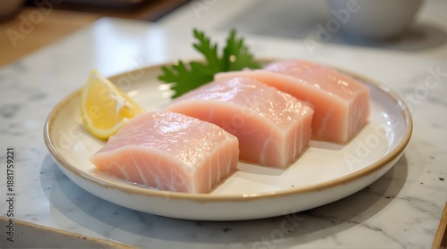 three large pieces of pale pink raw Albacore Tuna meat