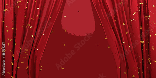 Red theater curtains dramatically open with golden confetti falling down