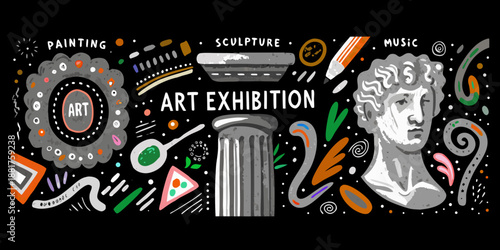 A colorful art exhibition banner with various artistic elements and themes