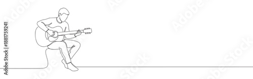 Continuous line drawing of a person playing a guitar, symbolizing music, creativity, and artistic expression