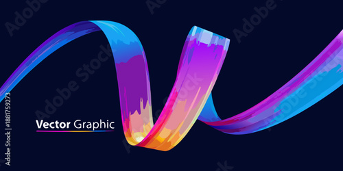 Abstract colorful ribbons flowing dynamically against a dark navy background