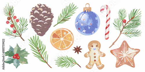 Watercolor christmas elements including pine branches ornaments and festive treats