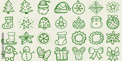 A collection of hand drawn green christmas icons and festive holiday symbols