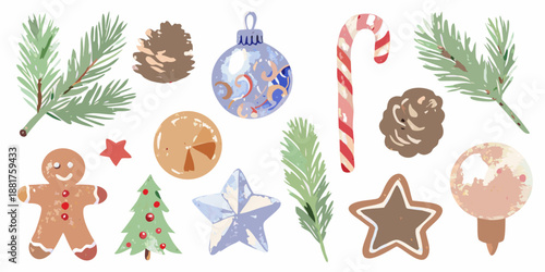 Watercolor christmas decorations including pine branches ornaments and festive treats