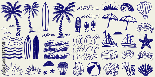 A collection of hand drawn summer elements including palms waves and beach items