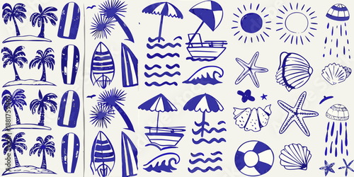 A playful blue doodle collection featuring beach elements and summer vacation imagery