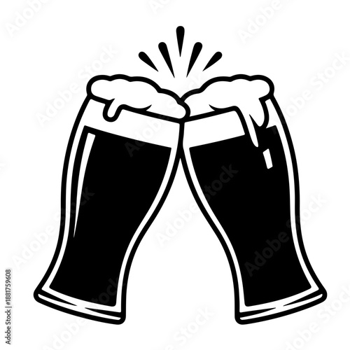 Two clinking Beer glass Black silhouette vector,Beer mugs silhouette vector