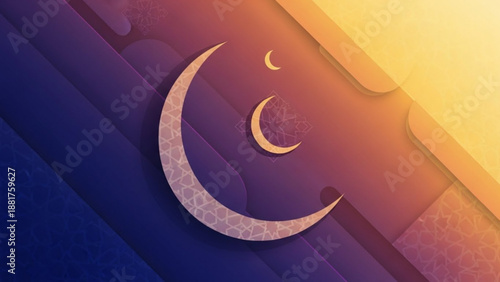 Symbolic crescent moons cascade against a gradient backdrop evoking themes of spirituality cultural heritage and serene nighttime ambiance with warm inviting light