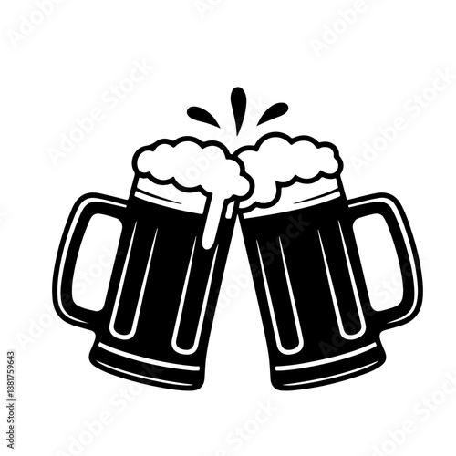 Two clinking Beer mug Black silhouette vector,Beer mugs silhouette vector