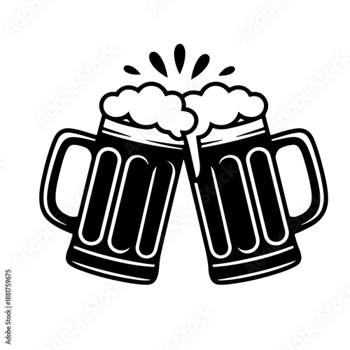 Two clinking Beer mug Black silhouette vector,Beer mugs silhouette vector