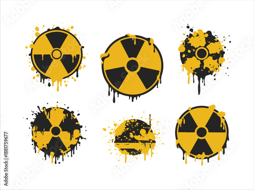 Set of radioactive symbols with splatter effects for warning