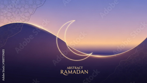 Glowing crescent moon illuminates abstract ramadan landscape golden light highlights gentle curves against a soft purple and orange gradient sky in this serene design