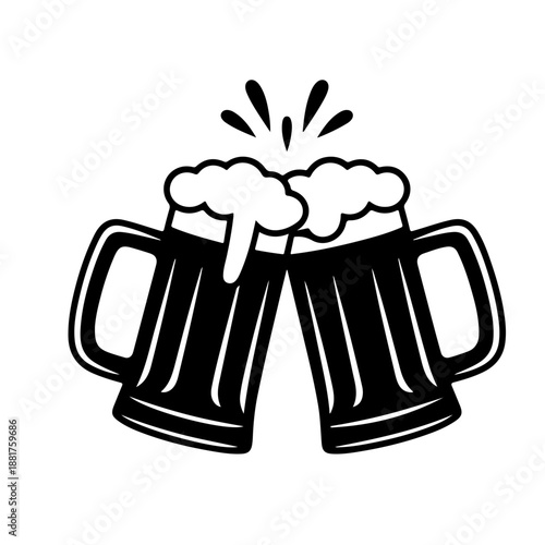 Two clinking Beer mug Black silhouette vector,Beer mugs silhouette vector