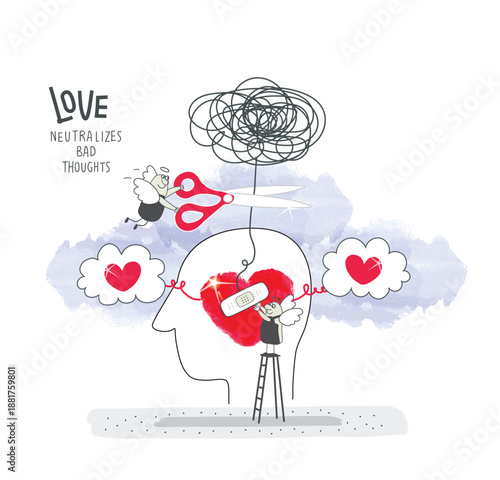 Vector cartoon sketch of Angels who interrupt bad, destructive thoughts, do it with love and red heart is a sign of love. Angel advise by creating a seed of love in actions. Giving and sharing love, d