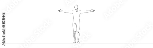 Continuous line drawing of a person with arms outstretched, symbolizing freedom, openness, and welcome