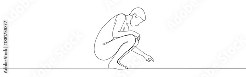 Continuous line drawing of a person squatting and reaching forward, symbolizing curiosity, exploration, or a humble gesture