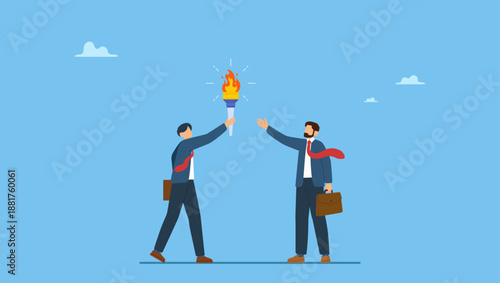 Businessman leader passing torch to successor. Successor plan, baton pass or transfer to new chosen leader, change new CEO or collaboration to achieve goal and win business competition.