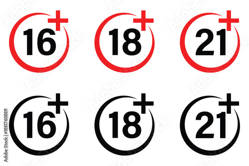 Age restriction sign set. Age limit sign set. 16 plus, 18 plus, 21 plus, icon set. Vector illustration.