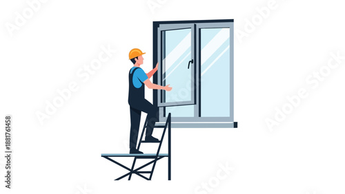 Worker on Ladder Installing Large Window Vector
