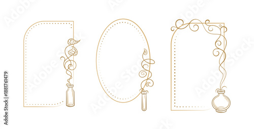 Decorative botanical vertical frames with magic bottles. Vector elegant borders for vintage style designs