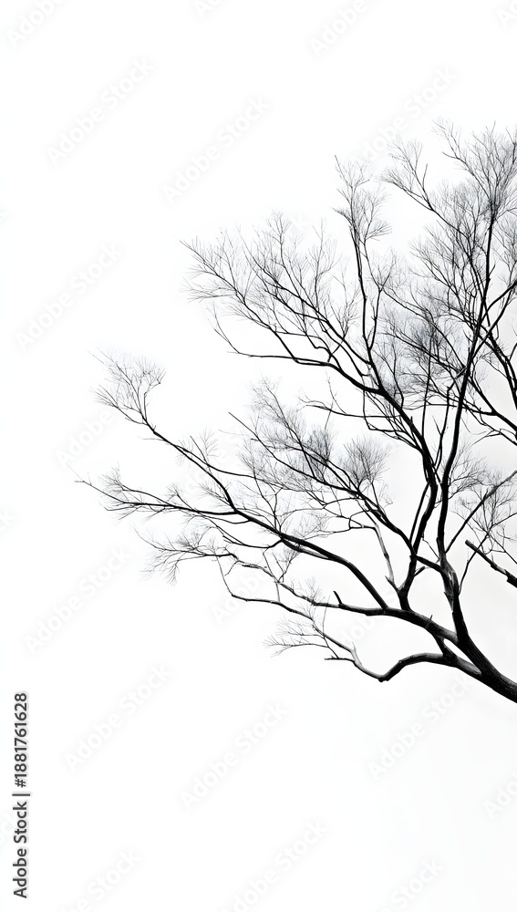 Fototapeta premium Striking Minimalist Composition featuring Dark Tree Branches with Tiny Leaves or Flowers against a Vast Bright Sky Background