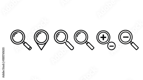 Black and white line of magnifying glasses with various symbols