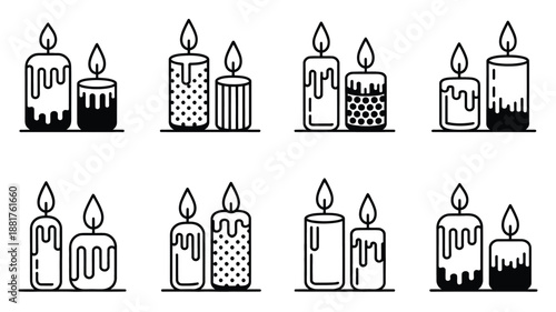 Black and white line of pairs of lit candles with various patterns