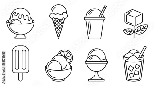 Black and white line of various ice cream treats and cold drinks cone sundae