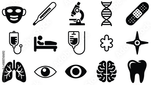 Black and white medical including face mask thermometer microscope dna band aid iv bag hospital bed lungs eye brain tooth