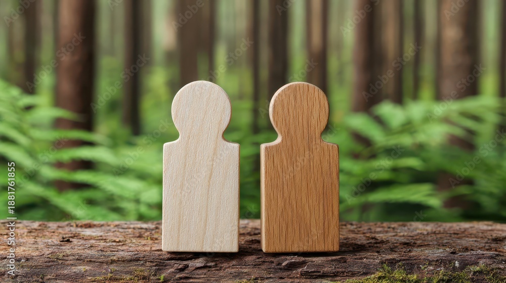 Fototapeta premium Balancing puzzle pieces and full figures in a tranquil forest environment