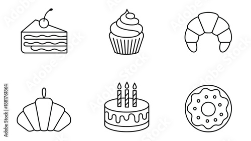 Black line of assorted sweet baked goods including cake slice with cherry, cupcake, croissant, eclair, birthday cake