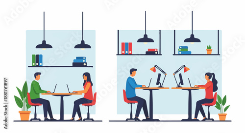 Flat illustration of people working on laptops in a modern office environment.