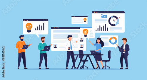 Business team collaborating on strategy, data analysis, and idea generation.