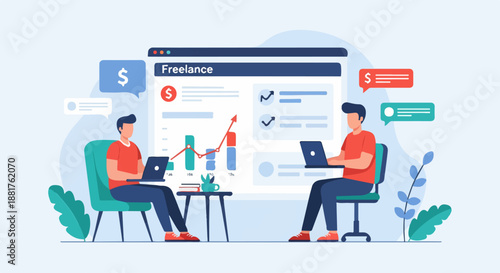 Freelancers working remotely, managing business and finances with laptops.