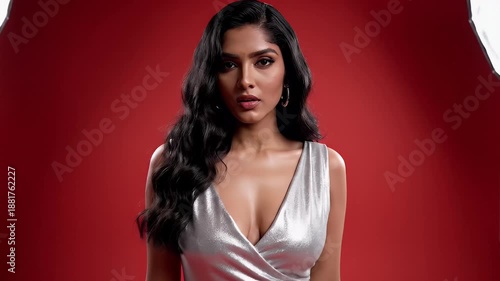 Woman posing in metallic dress against red backdrop with studio lighting