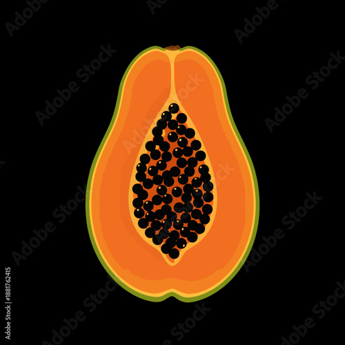 Papaya Fruit Cut Open Showing Seeds Inside.