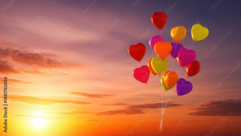 Fototapeta premium Colorful heart-shaped balloons at sunset.