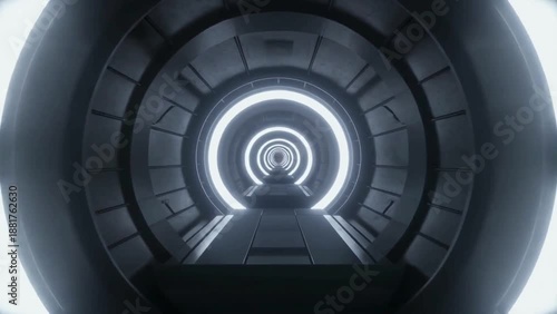 Futuristic Circular Tunnel with Illuminated Rings, Sci-Fi Architecture, Indoor Viewpoint, Modern Technology Concept
