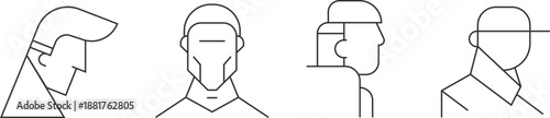Man head silhouettes from lines in simple minimalist style. Set fashion elegant male head for avatar, sticker, print or banner. Abstract art vector illustration.