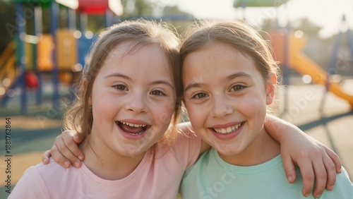 Portrait of happy girl with Down syndrome and her friend smiling at playground. Two children hugging in park. Concept of friendship and inclusion