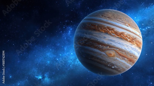 Jupiter planet with swirls, against a cosmic, blue stardust background