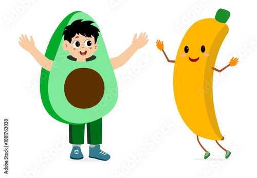 Little boy wearing mascot costume character avocado fruit and cute character banana fruit