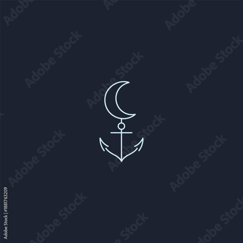 Moon anchor logo in balanced and minimalist simple line style.
