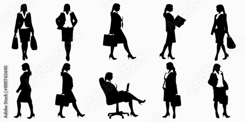 Silhouettes of business people in various poses and professional settings