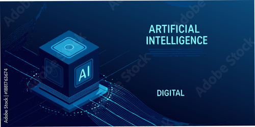 Isometric illustration of artificial intelligence cube with digital network connections