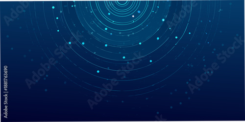 Abstract blue background with concentric circles and scattered light particles