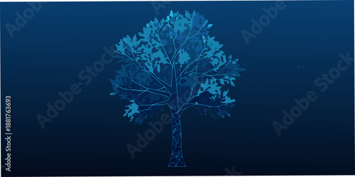A striking blue silhouette of a tree against a dark gradient background